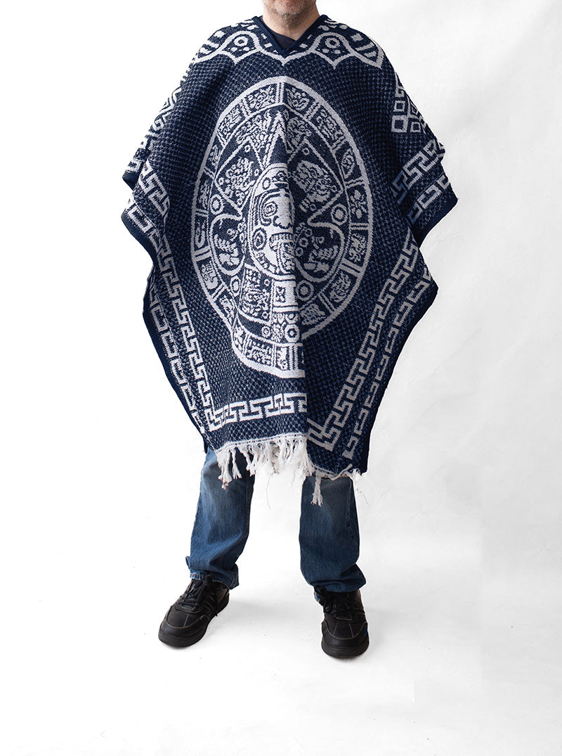 Mexican Poncho for Men - Aztek Calendar - BLUE