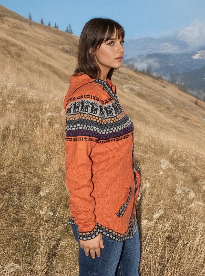 Orange Full Zip Alpaca Hoodie for Women