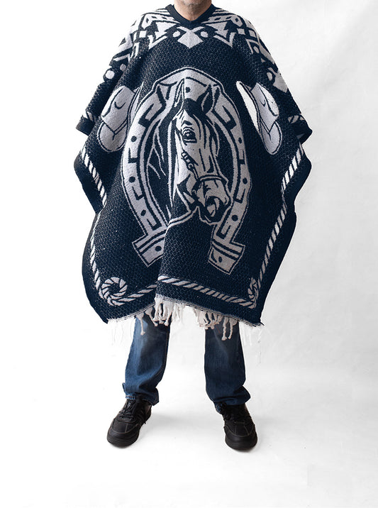 Men's Mexican Poncho - Two Horses - BLUE
