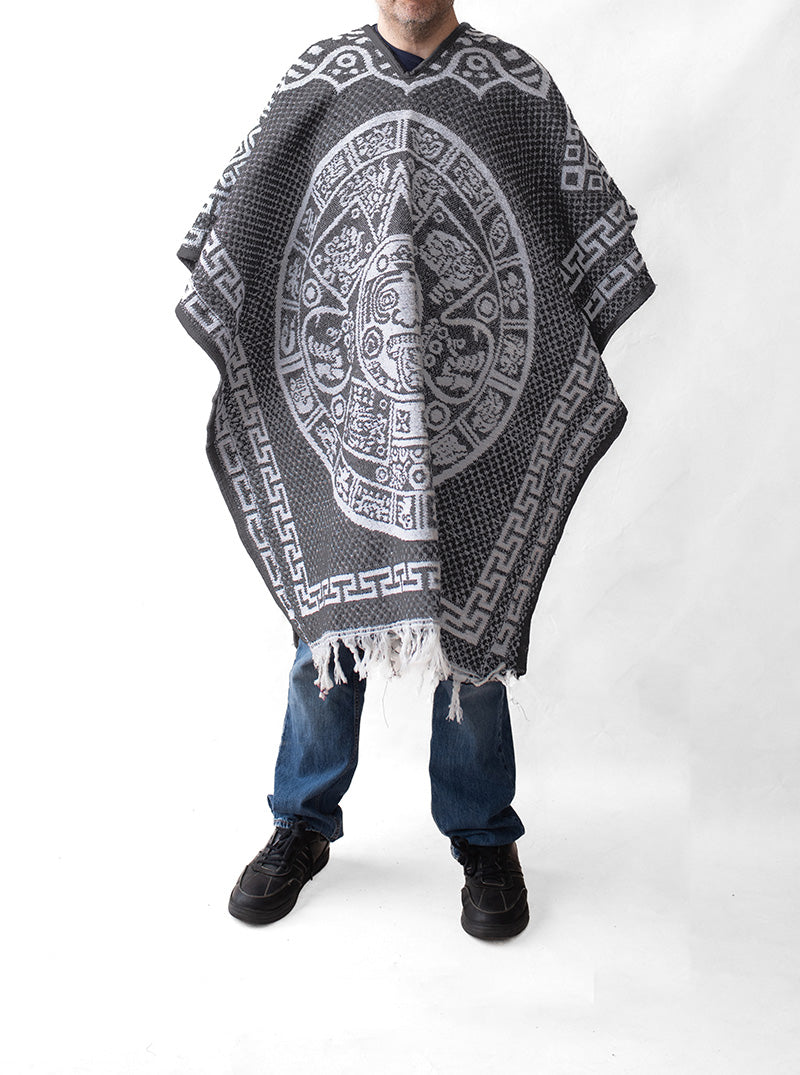 Mexican Poncho for Men - Aztek Calendar - GREY