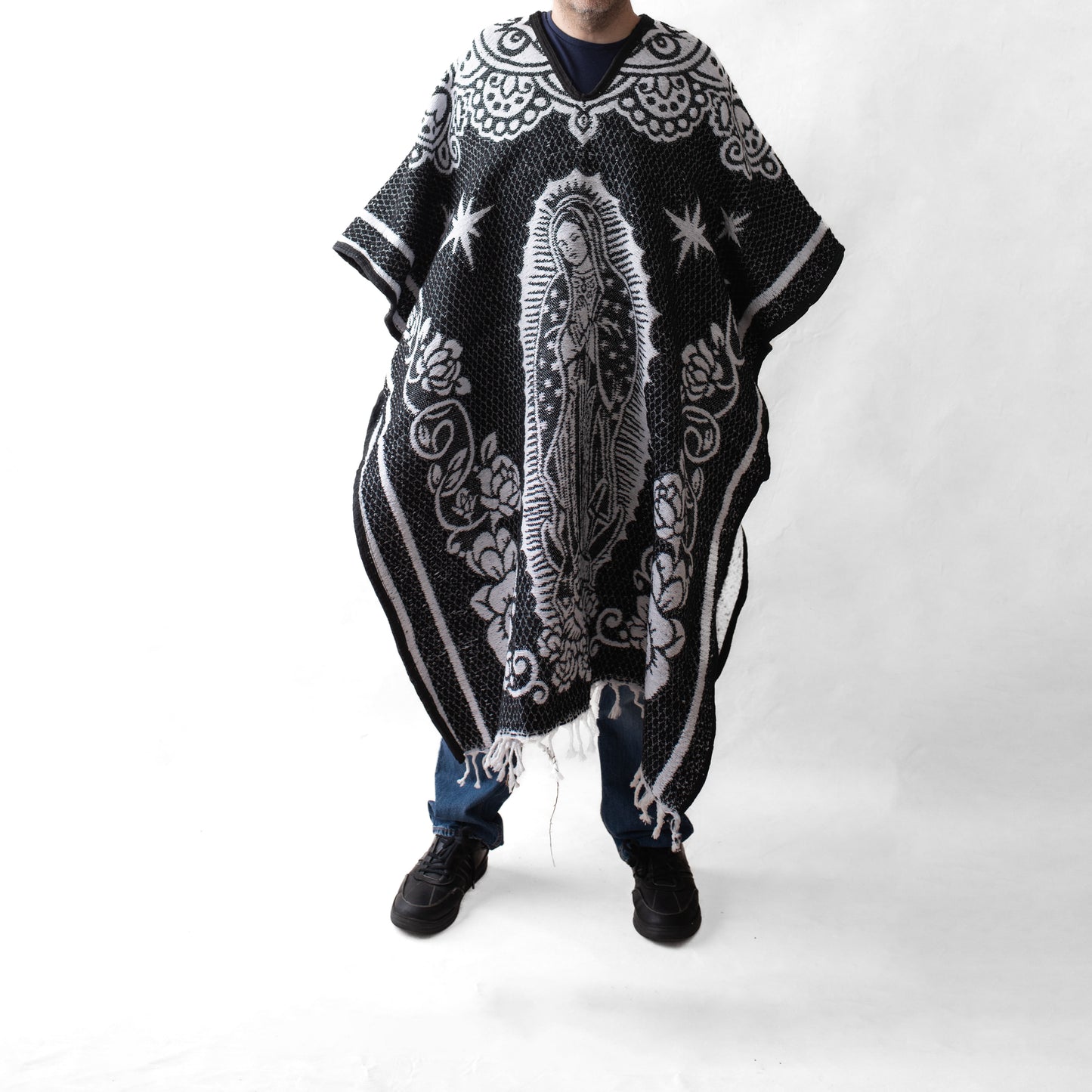 Mexican Serape Poncho for Men - San Judas - BLACK