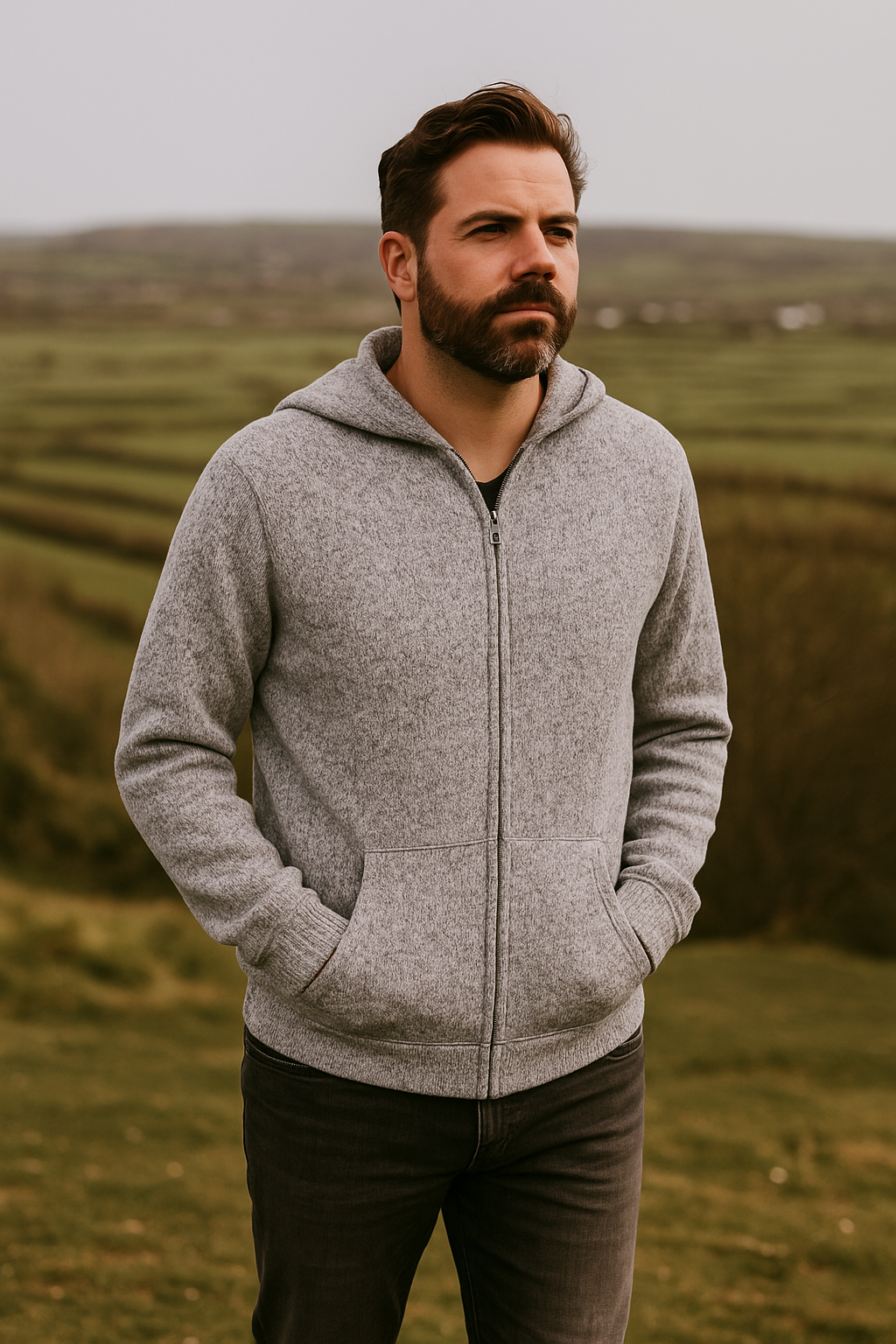 Gray Alpaca Wool Full Zip Hoodie for Men