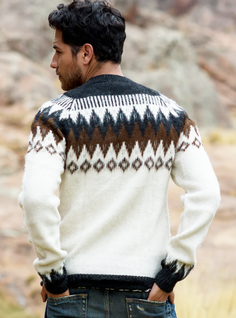 Fair Isle Round Neck Alpaca Sweater for Men
