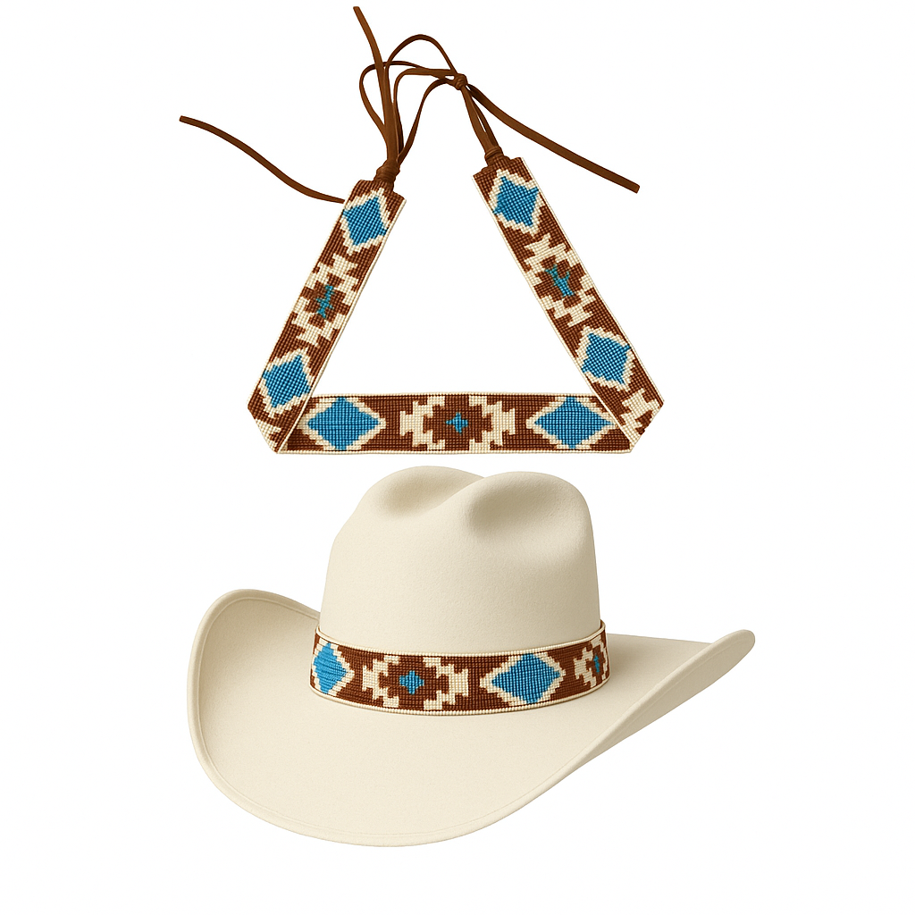 Western Beaded Hat Band | Brown & Blue Tribal Pattern