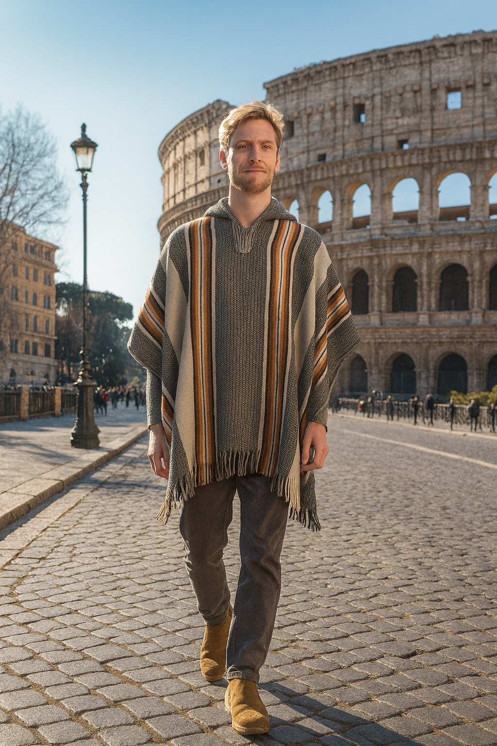 V-Neck Hooded Alpaca Poncho for Men
