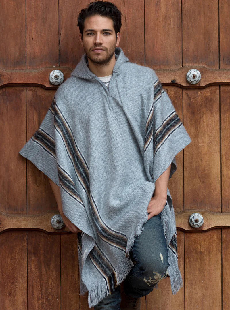 Gray Alpaca Poncho Hooded for Men