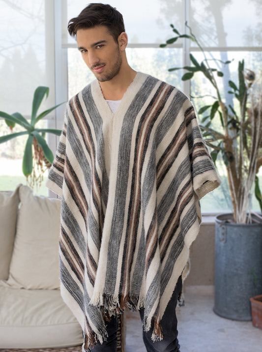 Hooded White Alpaca Poncho with Stripes for Men