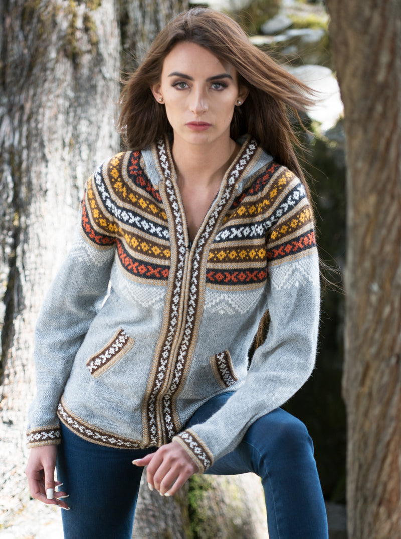 Fair Isle Gray Alpaca Full Zip Hoodie for Women