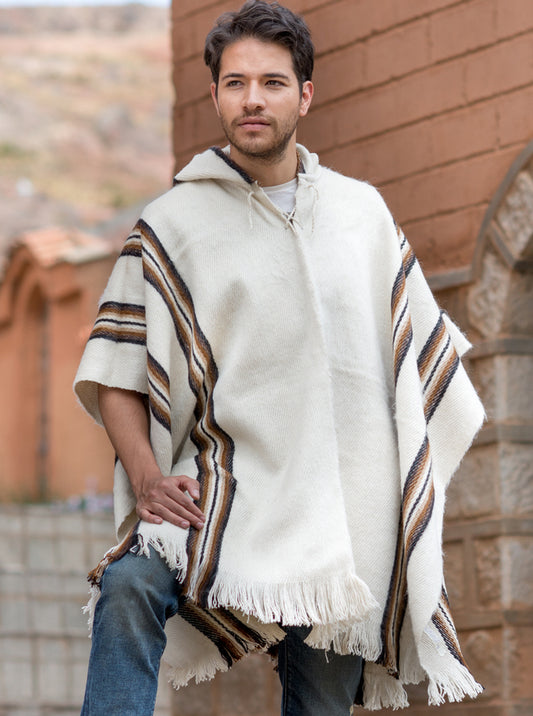 White Alpaca Poncho with Brown Lines for Men