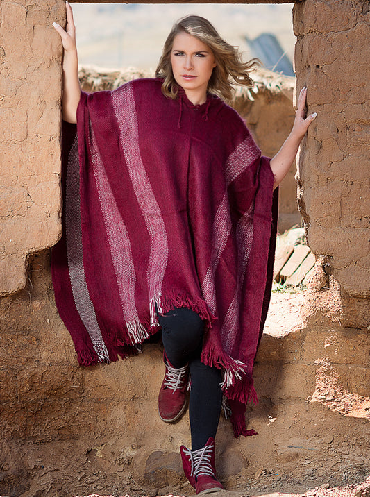 Hooded Red Alpaca Poncho for Women
