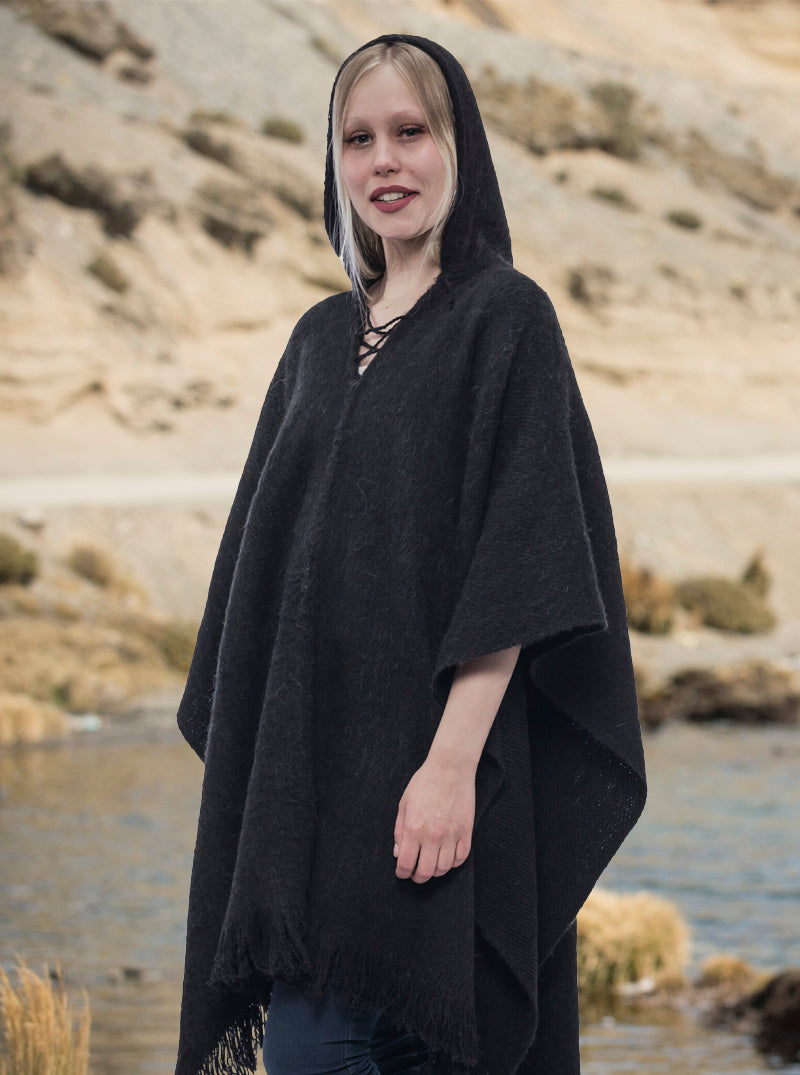 Black Soft Hooded Alpaca Poncho for Women