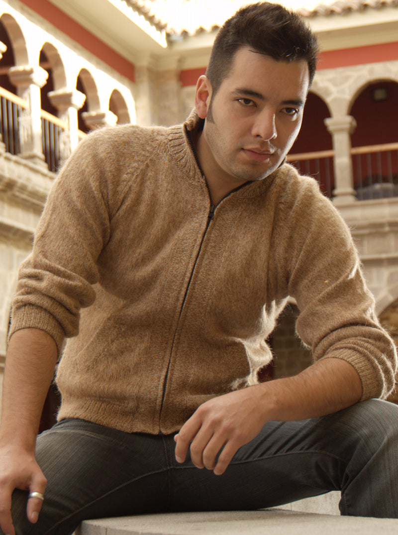 Beige Alpaca Full Zip Turtleneck Sweater for Men