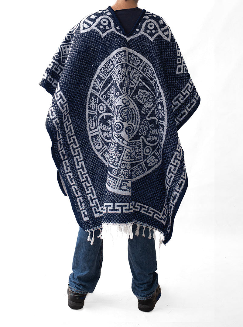 Mexican Poncho for Men - Aztek Calendar - BLUE