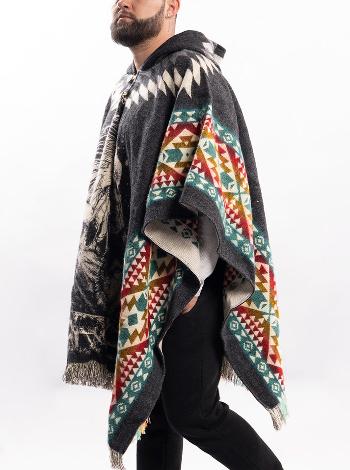 Aztec Rug Poncho Mexican Poncho for Men | Black and Colors Aztek Style | Gamboa