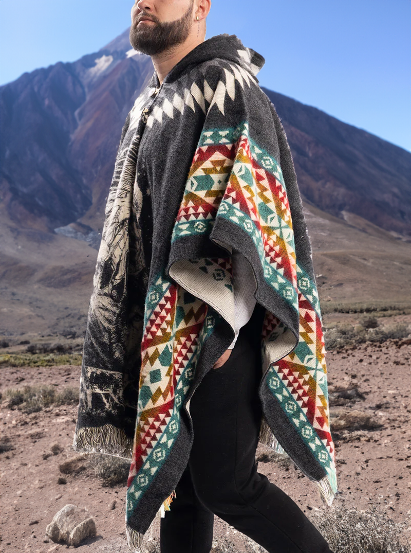 Mexican Poncho for Men | Black and Colors Aztek Style | Gamboa