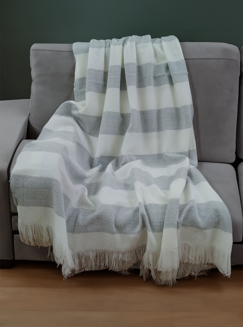 Striped Alpaca Throw Blanket with Fringes | White and Grey