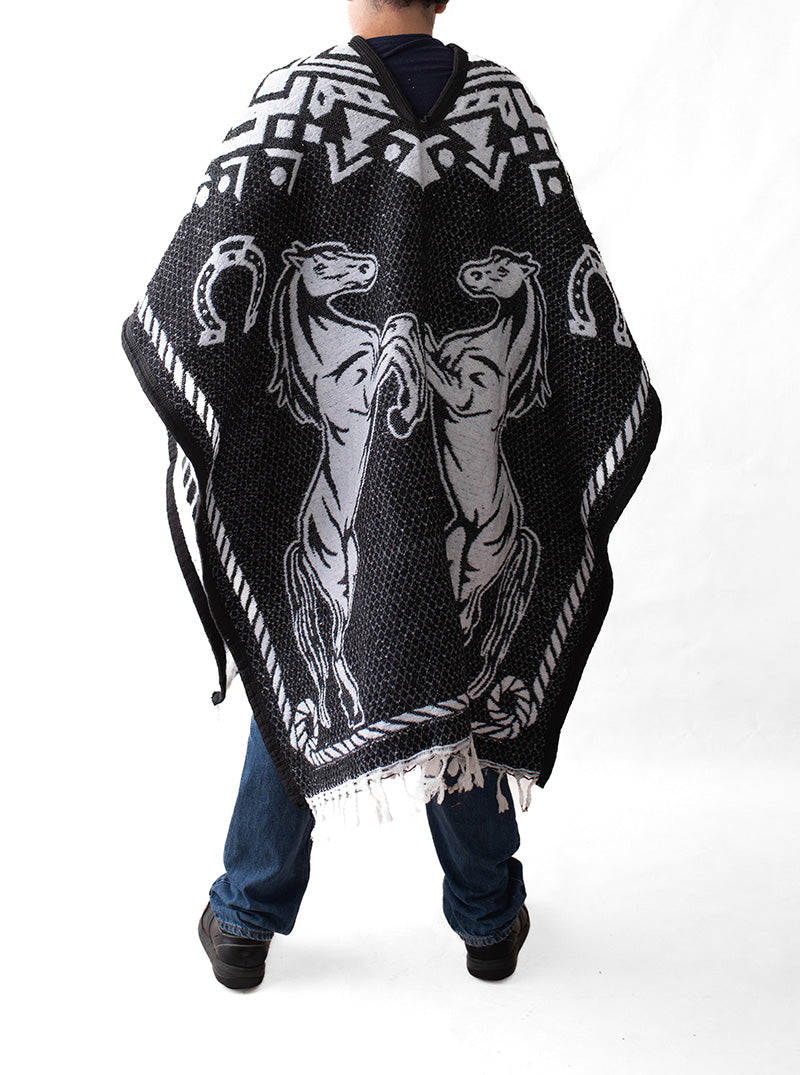 Men's Mexican Poncho - Two Horses - BLACK