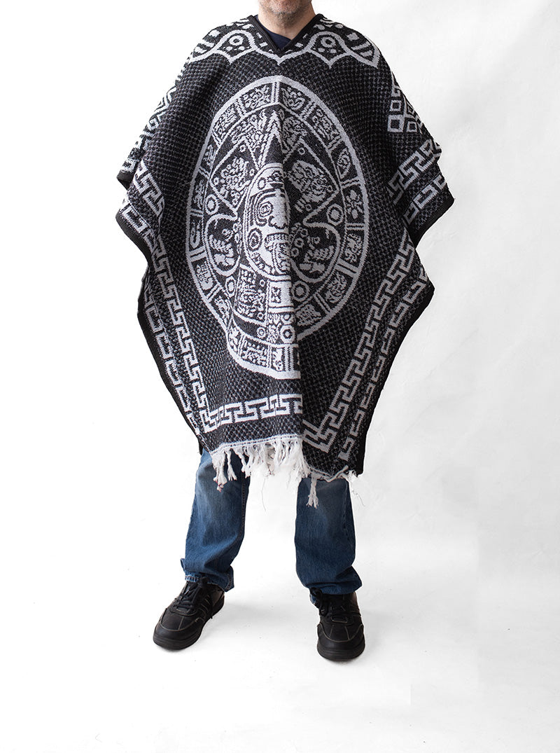 Mexican Poncho for Men - Aztek Calendar - BLACK