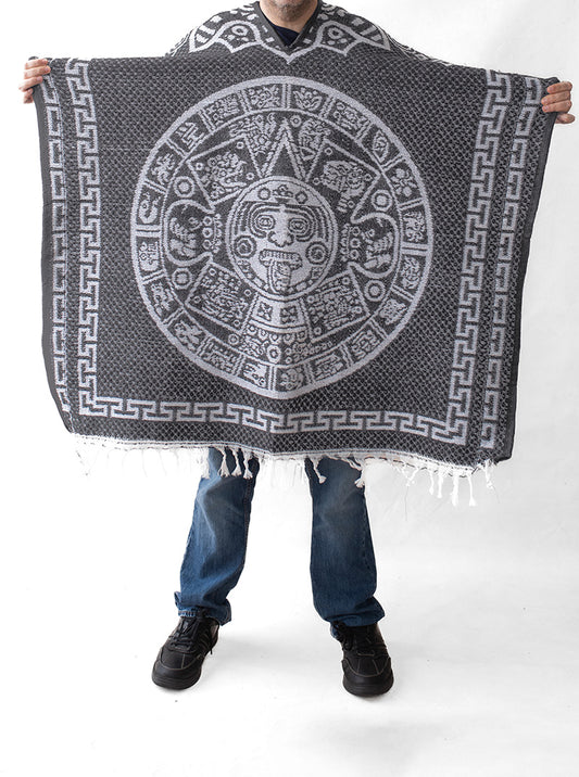 Mexican Poncho for Men - Aztek Calendar - GREY