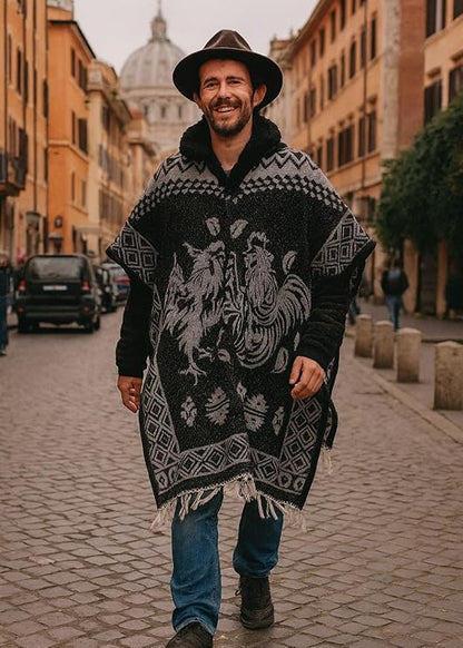 Mexican Alpaca Poncho for Men - Roosters Facing - BLACK