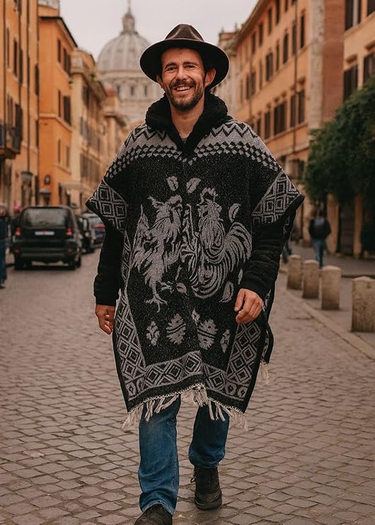 Mexican Alpaca Poncho for Men - Roosters Facing - BLACK