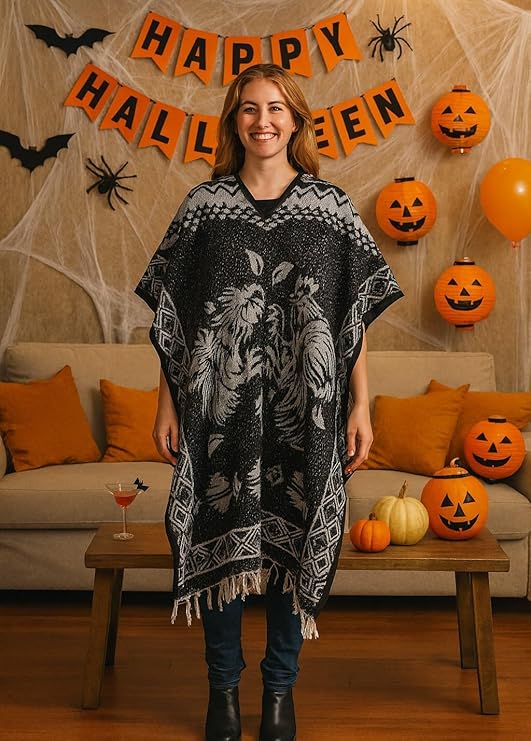 Mexican Alpaca Poncho for Men - Roosters Facing - BLACK – Gamboa