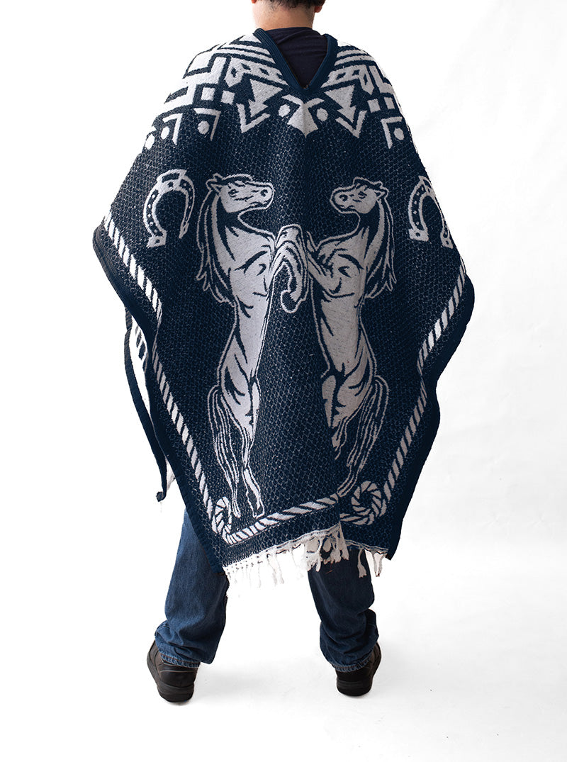 Men's Mexican Poncho - Two Horses - BLUE