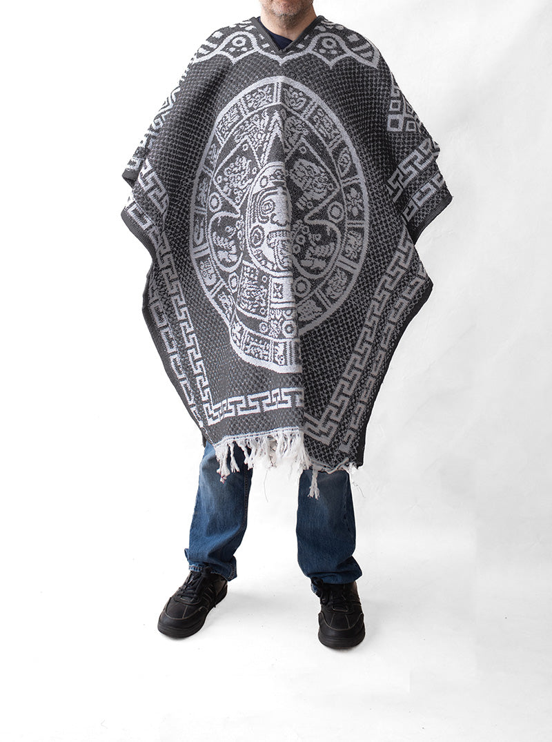 subtropisk Reskyd større Mexican Poncho for Men - Aztek Calendar - GREY – Gamboa