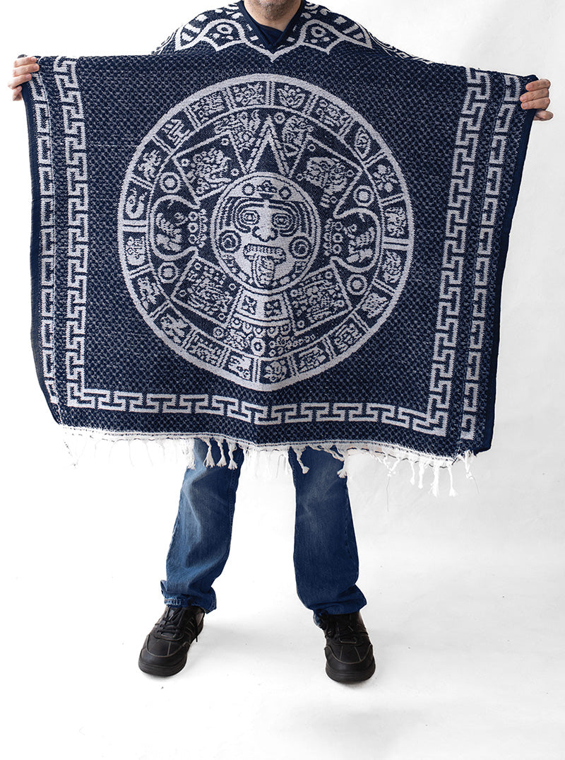 Mexican Poncho for Men - Aztek Calendar - BLUE