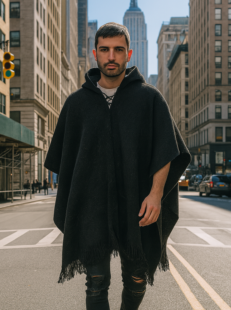 Hooded Black Poncho for Men