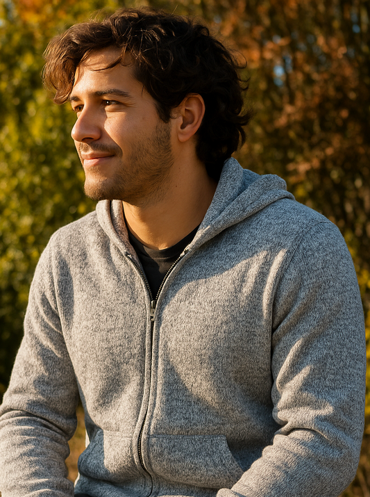 Gray Alpaca Wool Full Zip Hoodie for Men
