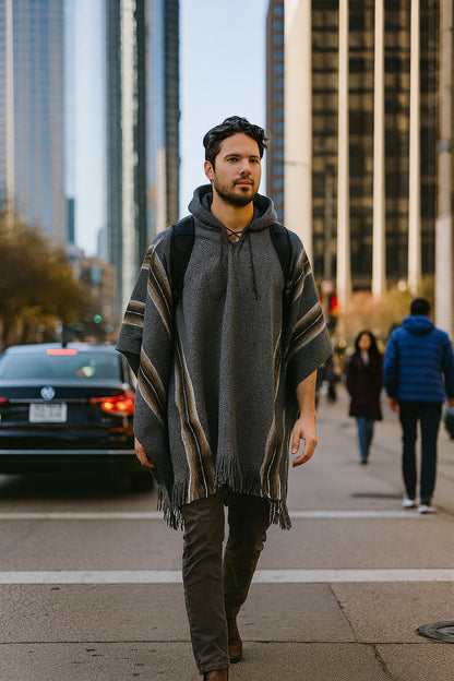 Gray Hooded Poncho For Men