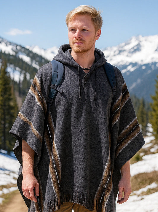 Gray Hooded Poncho For Men
