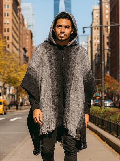 Hooded Poncho for Men Black and Gray