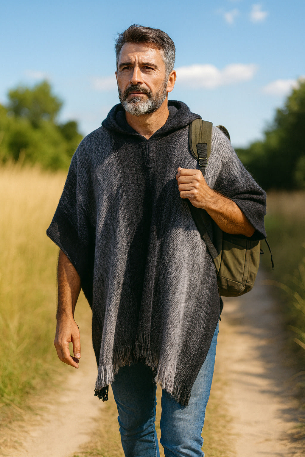 Hooded Poncho for Men Black and Gray