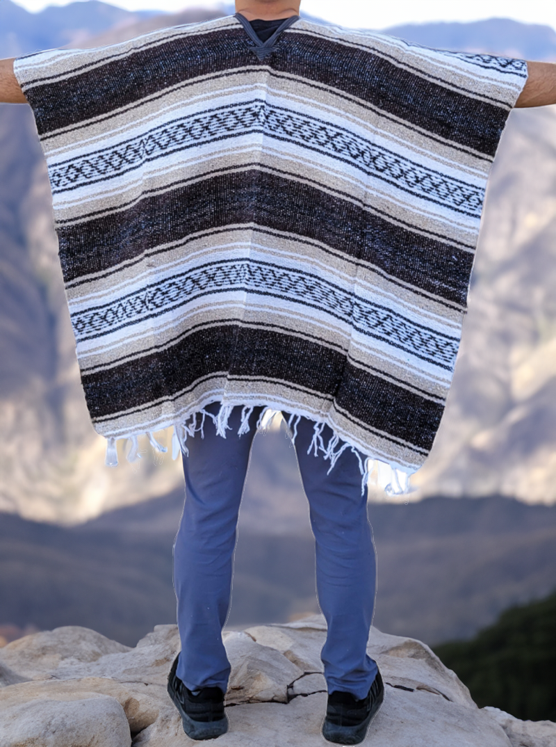 Authentic Mexican Poncho with Stripes | Brown