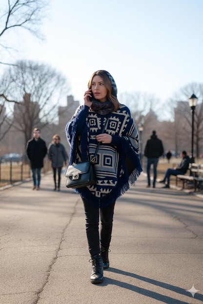 Boho Mexican Hooded Poncho for Women