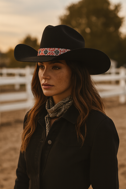 Western Beaded Hat Band | Red, Black & White Star Pattern