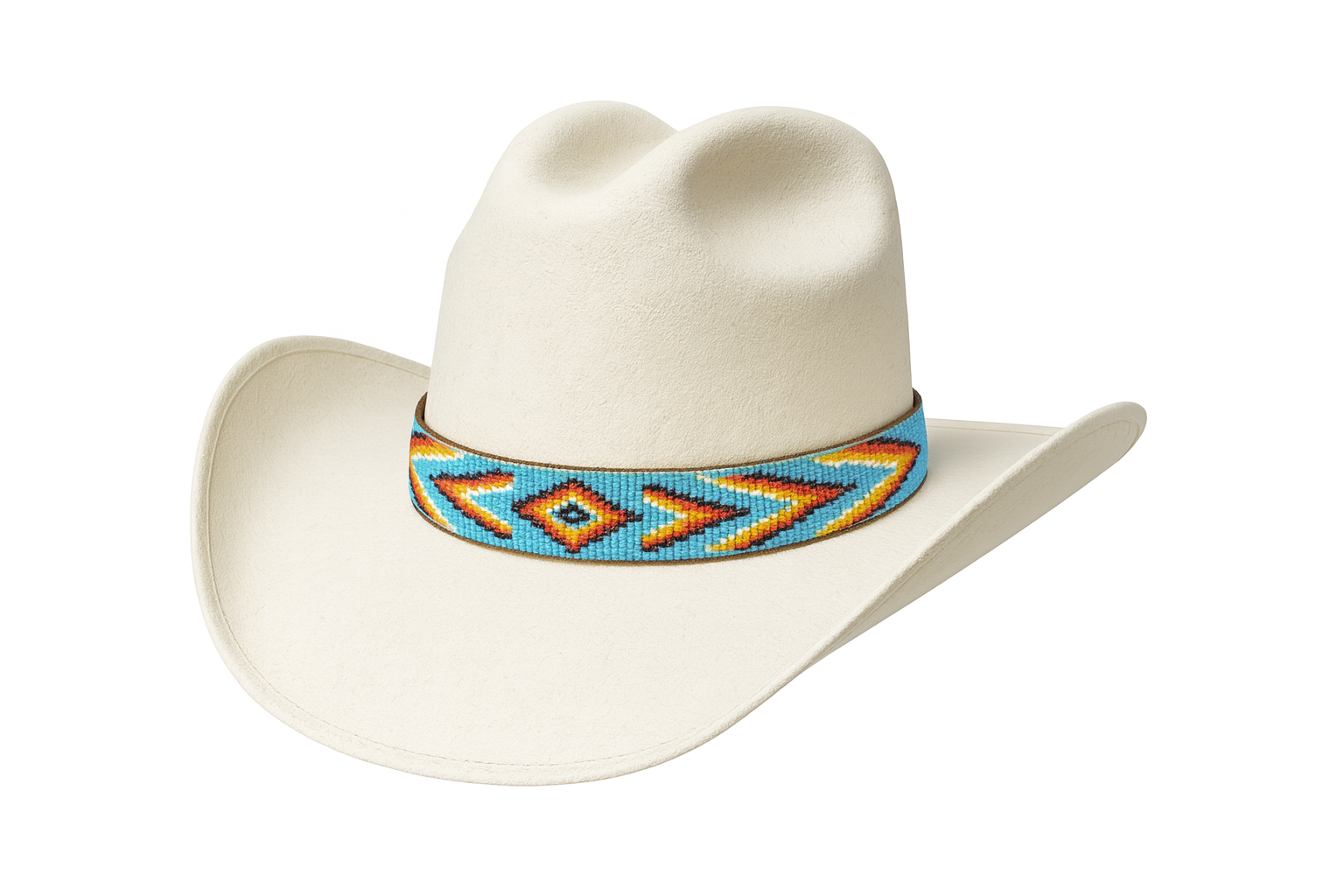 Beaded Hat Band Blue, Orange, Teal, White & Gold w/ Leather Navajo Beaded Hat Bands —*Hat Bands main image 2