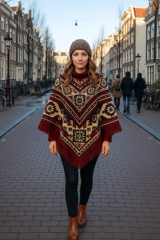 Mexican Geometric Poncho for Women