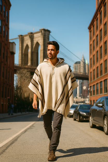 White Alpaca Poncho with Brown Lines for Men
