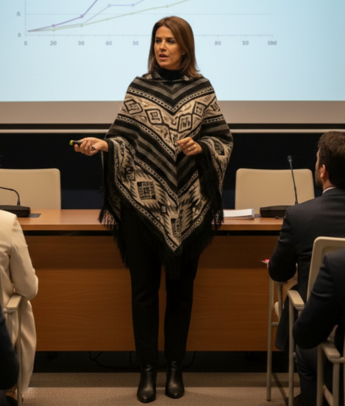 Mexican Geometric Wool Poncho | Black & Cream Tones