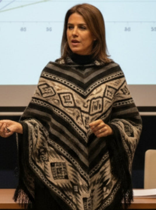 Mexican Geometric Wool Poncho | Black & Cream Tones