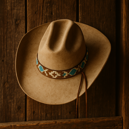 Western Beaded Hat Band | Brown & Blue Tribal Pattern
