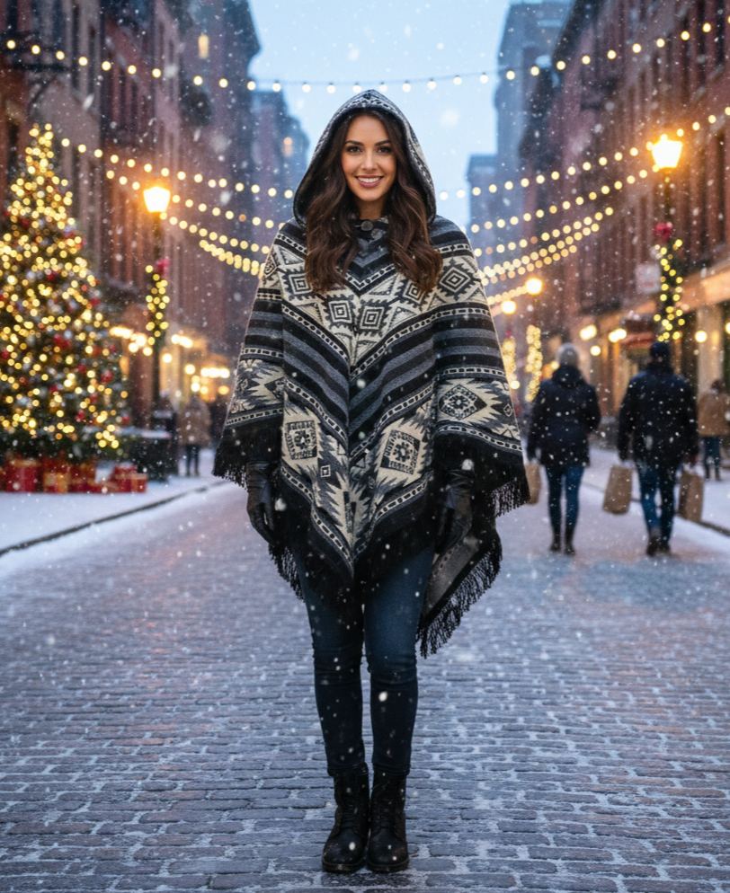 Mexican Geometric Wool Poncho | Black & Cream Tones