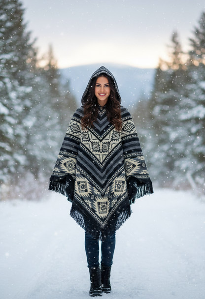 Mexican Geometric Wool Poncho | Black & Cream Tones