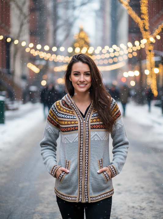 Fair Isle Gray Alpaca Full Zip Hoodie for Women