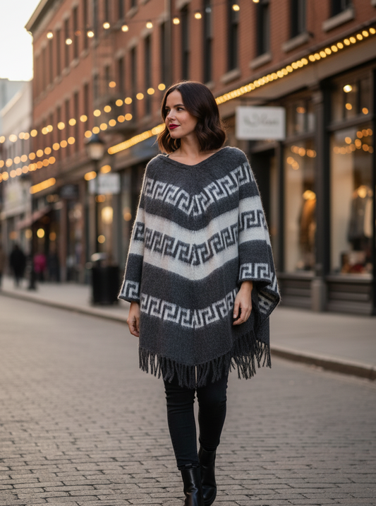 Rustic Gray Alpaca Poncho for Women