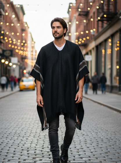 V-Neck Black Poncho for Men