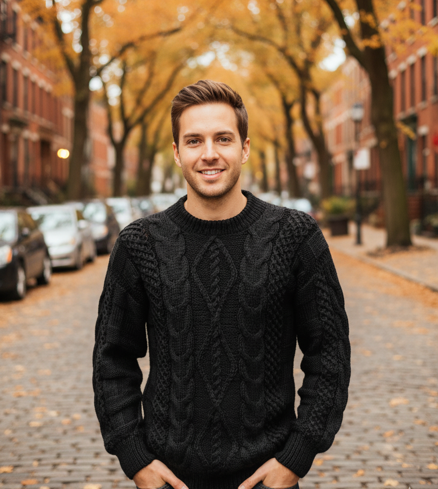 Hand Knitted Black Alpaca Sweater for Men